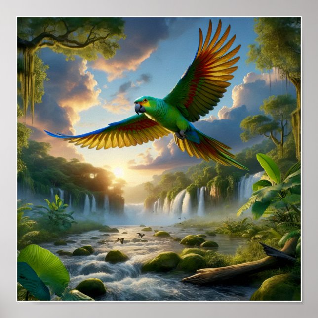 Vibrant Amazon Parrot i Lush Rainforest Poster (Framsidan)