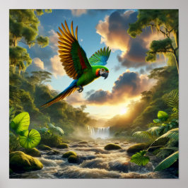 Vibrant Amazon Parrot i Lush Rainforest Poster