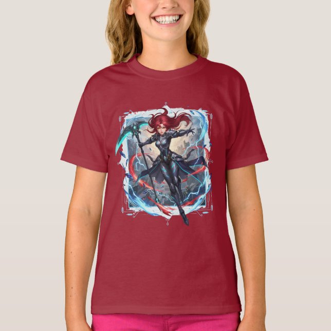Vibrant Anime Action Scythe Fantasy Girl Kids' T Shirt (Framsida)