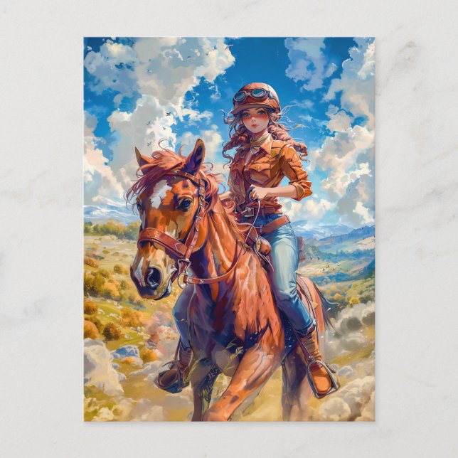 Vibrant Anime Equestrian in Nature's Bliss Vykort (Framsida)