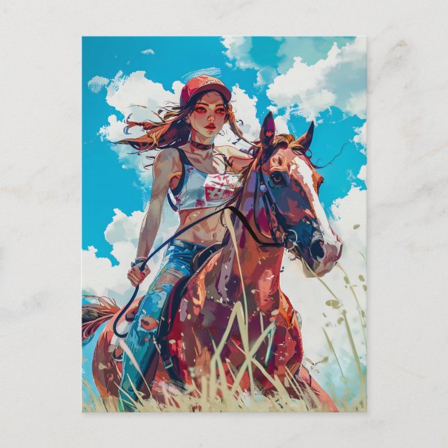 Vibrant Anime Equestrian in Nature's Bliss Vykort (Framsida)