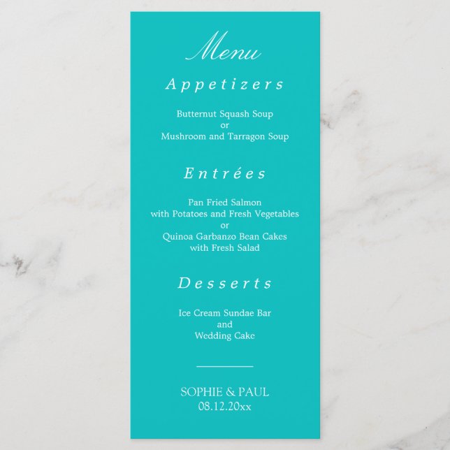 Vibrant Aqua Bröllop Menu Meny (Framsida)