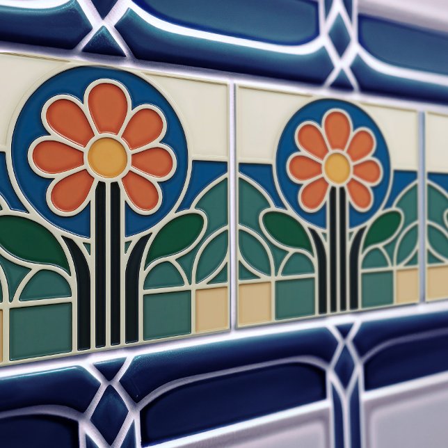 Vibrant Art Nouveau Daisy Floral Tile Kakelplatta (Skapare uppladdad)