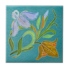 Vibrant Art nouveau Iris Blommigt Antique Repro Kakelplatta