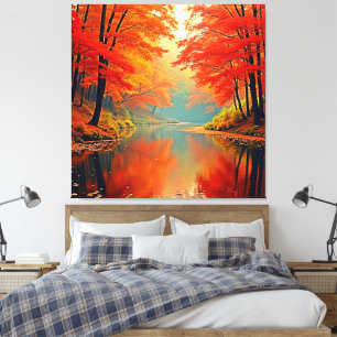 Vibrant Autumn Forest River Canvastryck