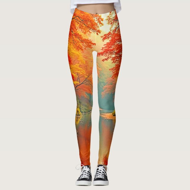 Vibrant Autumn Forest River Leggings (Framsida)