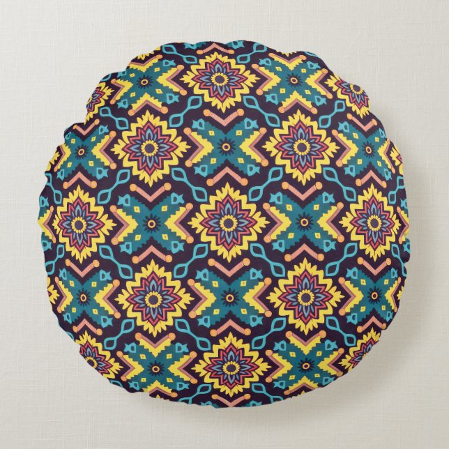 Vibrant Aztec Geometric Blommönster Rund Kudde (Framsidan)