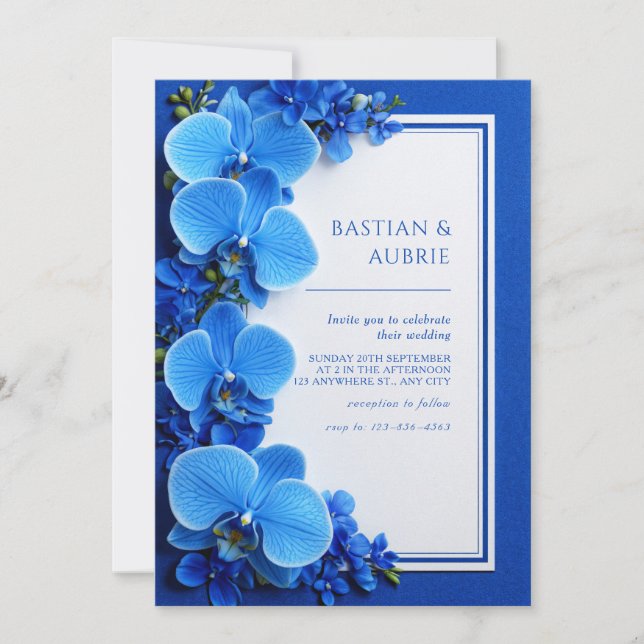 Vibrant Azure Blue Botanical Orchid Wedding Inbjudningar (Framsida)