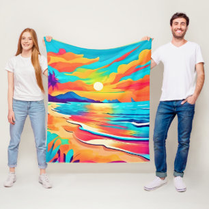 Vibrant Beach Sunset Art Fleecefilt