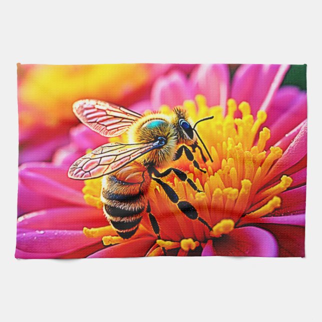 Vibrant bi i blommans design kökshandduk (Horisontell)