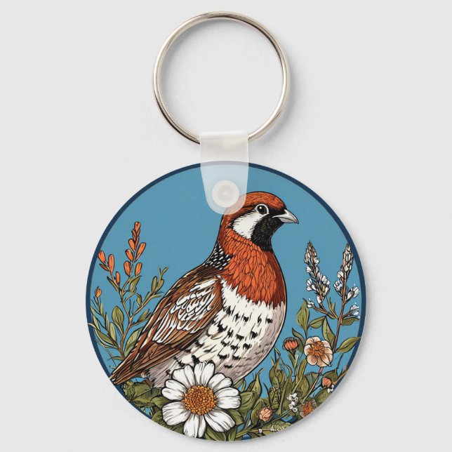 Vibrant Bird, omringad av färgstarka Wildblommor Nyckelring (Framsida)