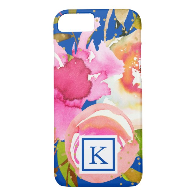 Vibrant blå Blommigt och konfetti monogram Case-Mate iPhone Skal (Baksida)