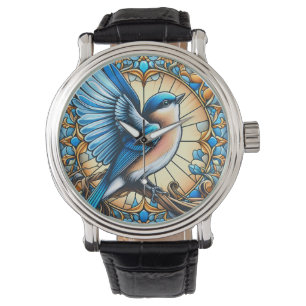 Vibrant blå fågel på fastfärgat glas armbandsur