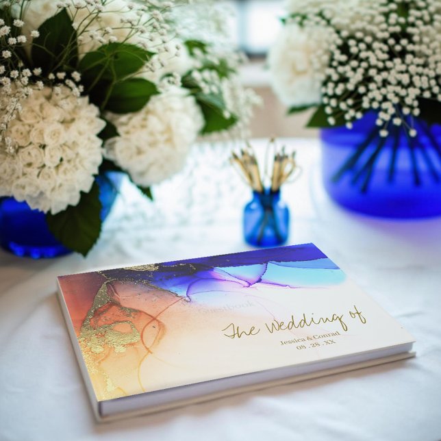 Vibrant blå Orange Bröllop Gästböcker (Vibrant Blue Orange Wedding Guest Book.)