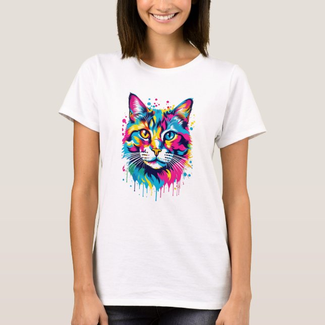Vibrant Bläck Splatter Cat Pop Art, färgstark T Shirt (Framsida)
