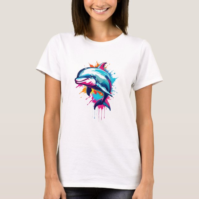 Vibrant Bläck Splatter Dolphin Pop Art, färgstark T Shirt (Framsida)