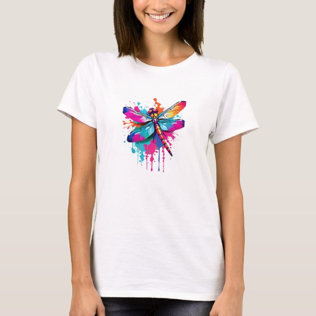 Vibrant Bläck Splatter Dragon Fly Pop Art, färgsta T Shirt (Framsida)