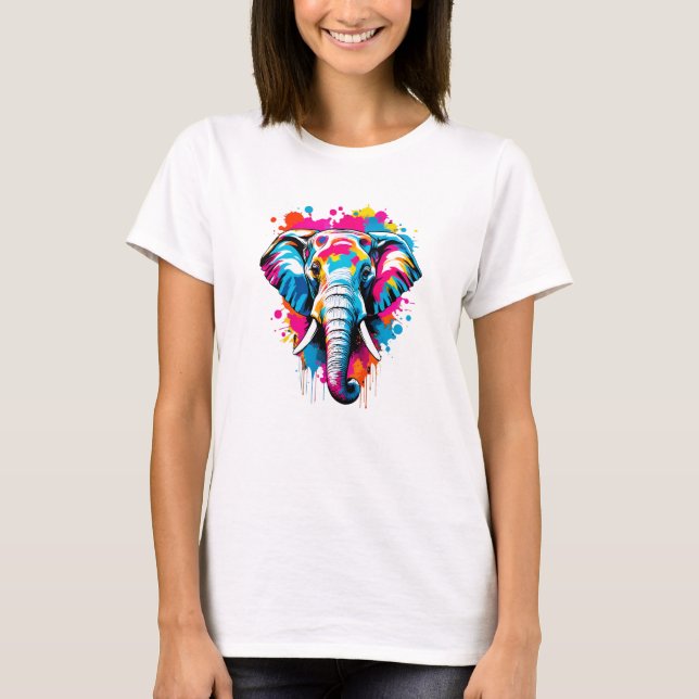 Vibrant Bläck Splatter Elephant Pop Art, färgstark T Shirt (Framsida)