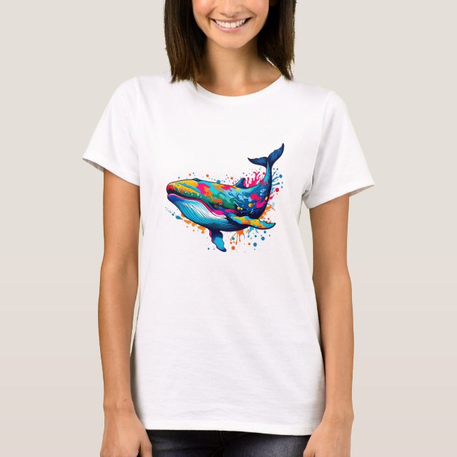 Vibrant Bläck Splatter Whale Pop Art, färgstark T Shirt (Framsida)