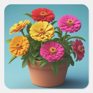 Vibrant Blommigt Botanical Art, Zinnia Flowers Fyrkantigt Klistermärke