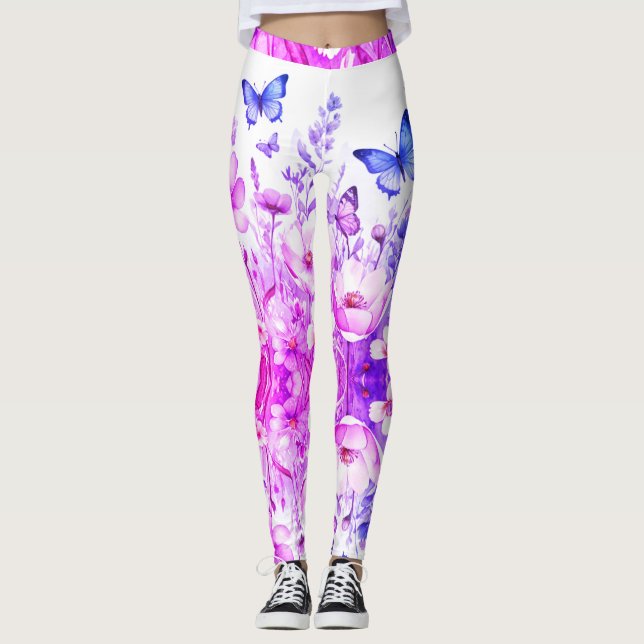 Vibrant Blommigt & Butterfly Bright Rosa-Lila Leggings (Framsida)