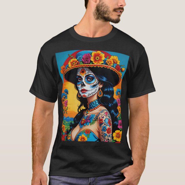 Vibrant Blommigt Catrina Day of Dead Tee (Framsida)
