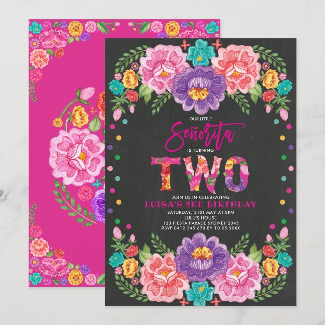 Vibrant Blommigt Fiesta Senorita Girl 2nd Birthday Inbjudningar (Fram/baksida)