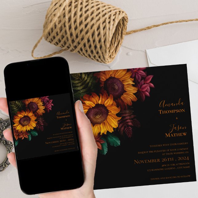 Vibrant Blommigt för förbränd svart Orange Modern  Inbjudningar (Vibrant Black Burnt Orange Floral Modern Wedding Invitation)