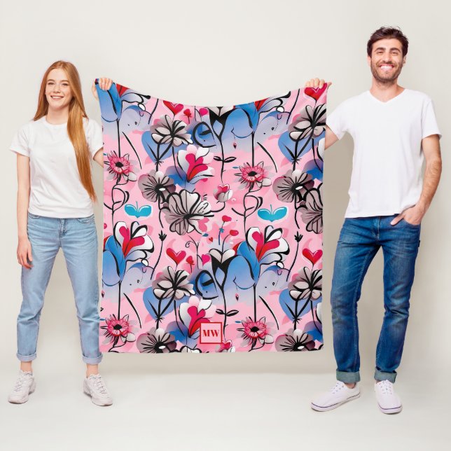 Vibrant, blommigt hjärta och blommor i monogram fleecefilt (På plats)