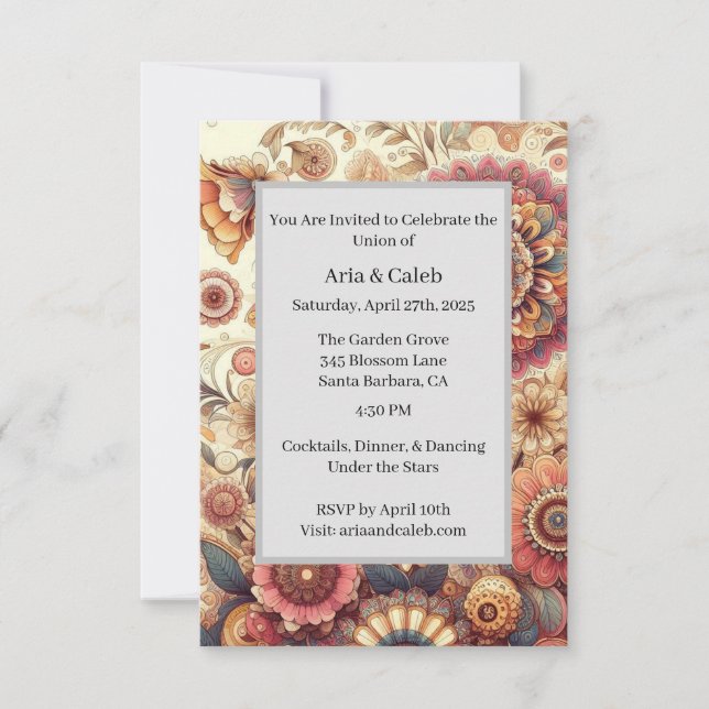Vibrant Blommigt Intricate Mandala Art bröllop Inbjudningar (Framsida)