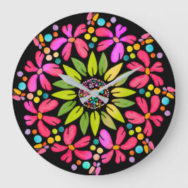 Vibrant Blommigt Mandala Design Stor Klocka