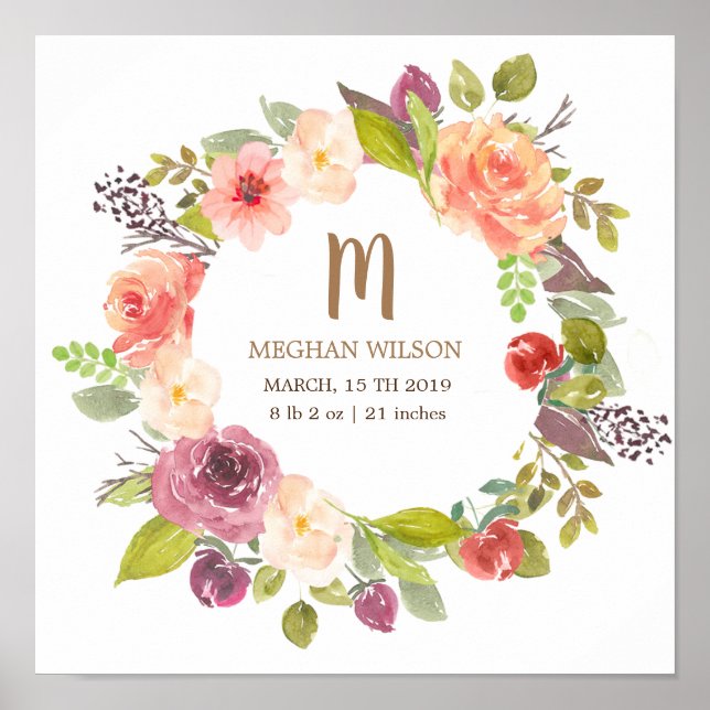Vibrant Blommigt | Personlig Baby Birth Poster (Framsidan)