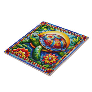 Vibrant Blommigt Sea Turtle Mosaic Kakelplatta