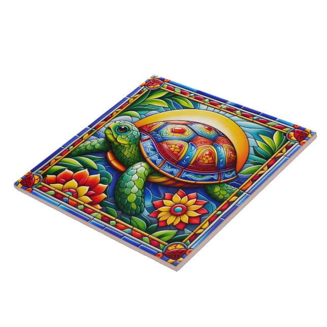 Vibrant Blommigt Sea Turtle Mosaic Kakelplatta (Sidan)