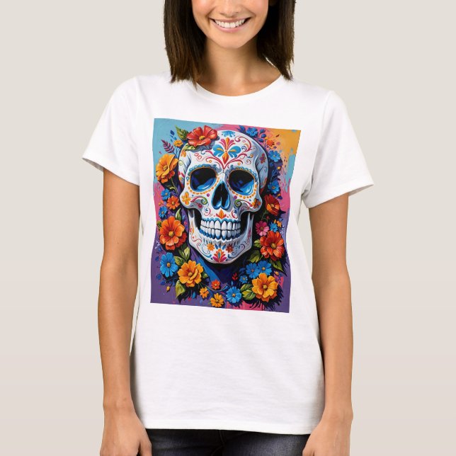 Vibrant Blommigt Sugar Skull Art T-Shirt för Creat (Framsida)