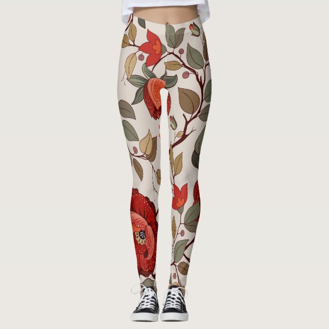 Vibrant Blommigt Tapet: Handritad Mönster Leggings (Framsida)