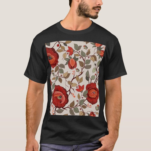 Vibrant Blommigt Tapet: Handritad Mönster T Shirt (Framsida)