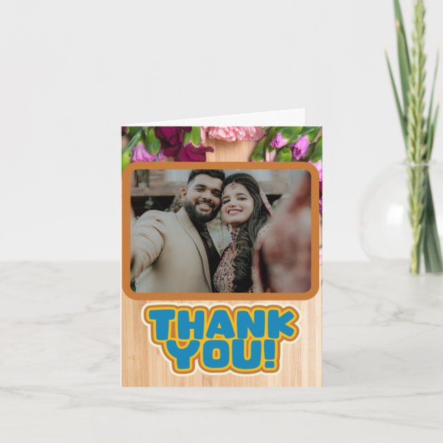 Vibrant Blommigt Wood Struktur Bröllop Tack Kort (Framsida)