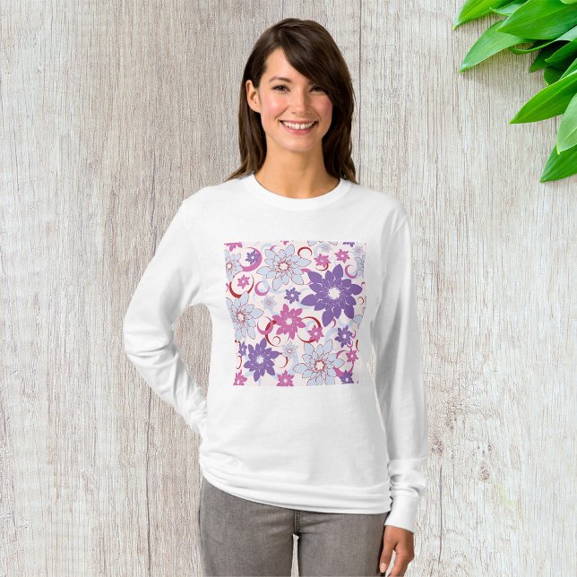 Vibrant Blommönster Lila Rosa Blåa blommor T Shirt (Skapare uppladdad)