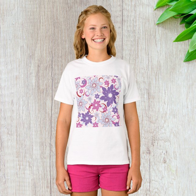 Vibrant Blommönster Lila Rosa Blåa blommor T Shirt (Skapare uppladdad)