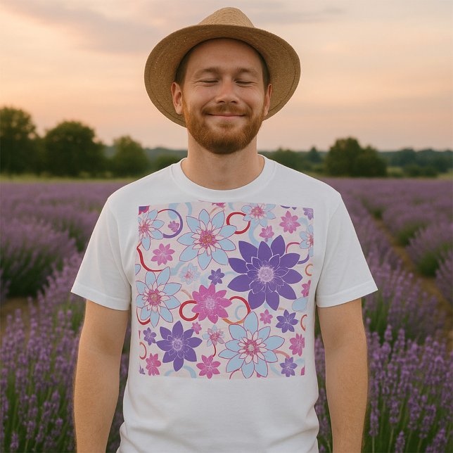 Vibrant Blommönster Lila Rosa Blåa blommor T Shirt (Skapare uppladdad)