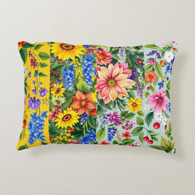 Vibrant blommönster med solros och dahlia prydnadskudde (Baksidan)