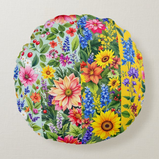 Vibrant blommönster med solros och dahlia rund kudde (Framsidan)