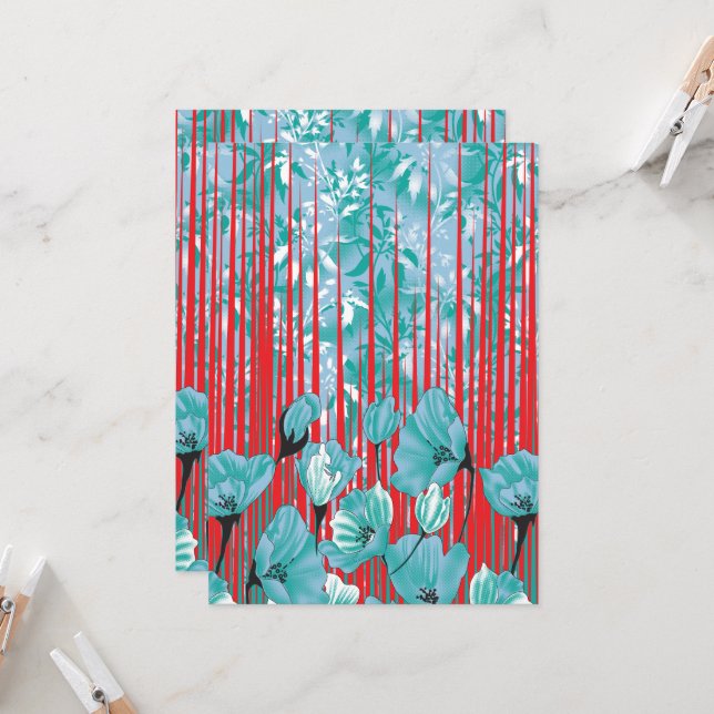 Vibrant blommönster med turkosblommor, rött inbjudningar (Fram/Back In Situ)