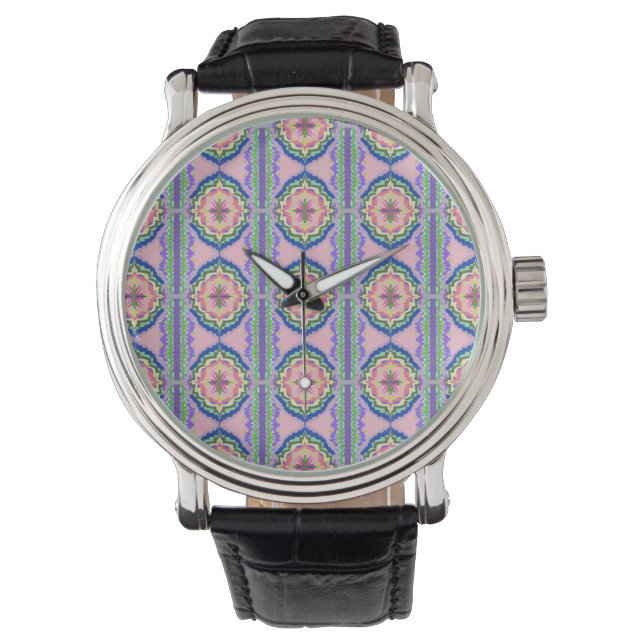 Vibrant Bloom Kaleidoscope: Pink & Emerald Mandala Armbandsur (Framsida)