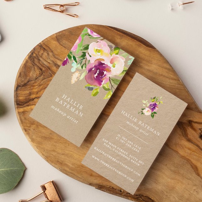 Vibrant Bloom | Rustik Watercolor Blommigt Kraft Visitkort (Skapare uppladdad)