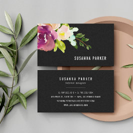 Vibrant Bloom | Svart vattenfärgad Blommigt Visitkort