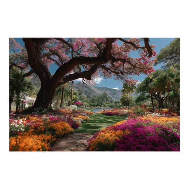 Vibrant Blossom Tree Garden Paradise View Fototryck (Framsidan)