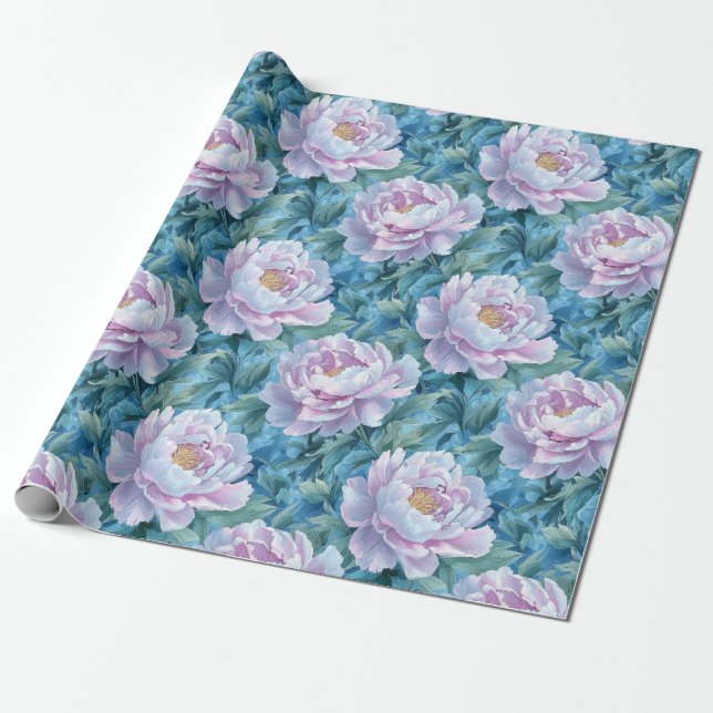 Vibrant Blue and Rosa Peony Blommigt Presentpapper (Utrullad)