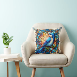 Vibrant Blue Bird Perched on Flower Kudde